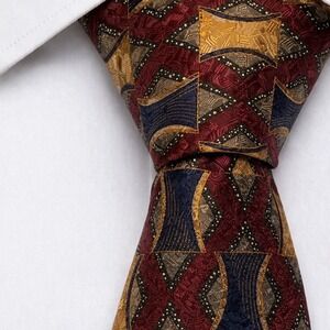 Ferrell Reed Nordstrom Mens Silk Tie Burgundy Gold Geometric Mosaic Made in USA